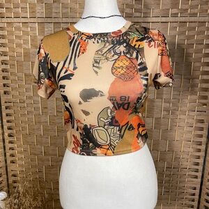 PrettyLittleThing Beige and Orange Graphic Crop Top